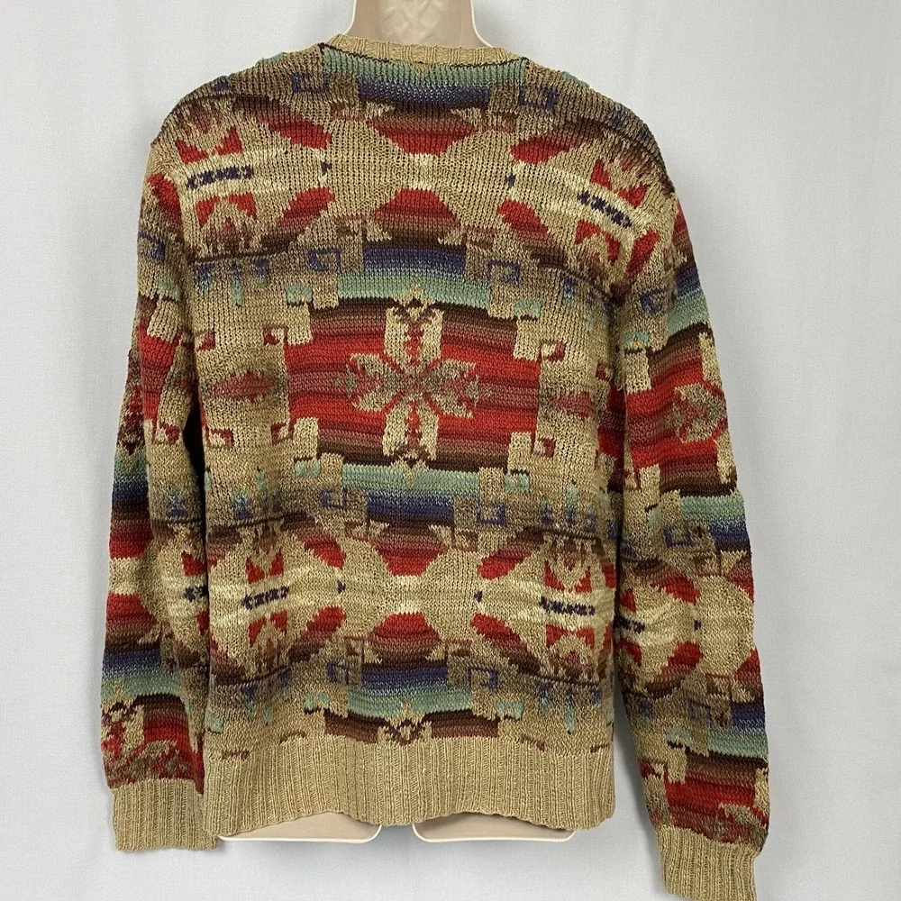 VTG Polo Ralph Lauren Hand Knit Southwestern Sweater Mens L Linen Silk Cotton
